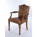 Fauteuil, England, 20. Jh., Mahagoni, Polster mit patiniertem Lederbezug, H. 99 cm