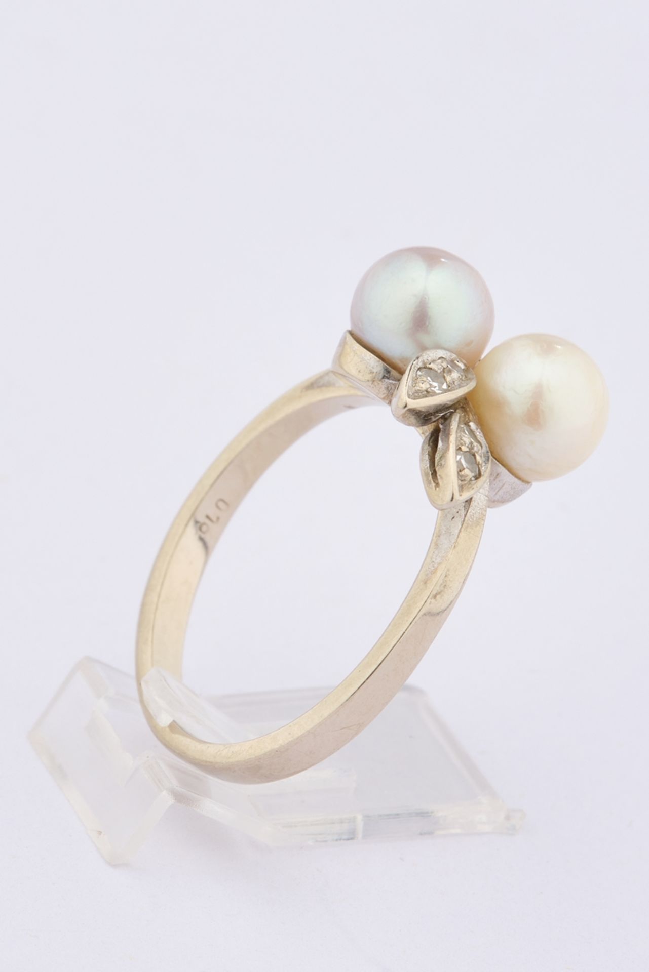 Ring, WG 585, 2 Perlen, Brillanten, in Blütenform, RM 18, 4.88 g - Image 4 of 4