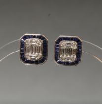 Paar Diamant-Ohrstecker, WG 750, Diamanten zus. ca. 0.71 ct., etwa w/si-p, Saphire zus. ca. 1.41 ct