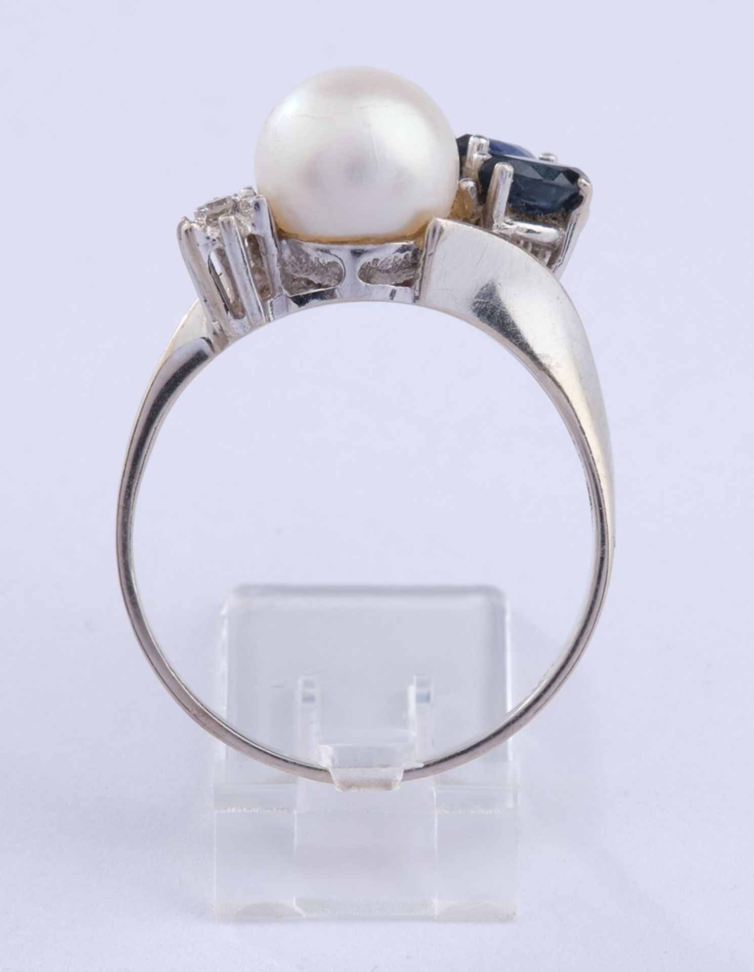 Ring, WG 585, 3 Navette-Saphire, Perle, Brillant, 4.38 g, RM 18 - Image 3 of 3
