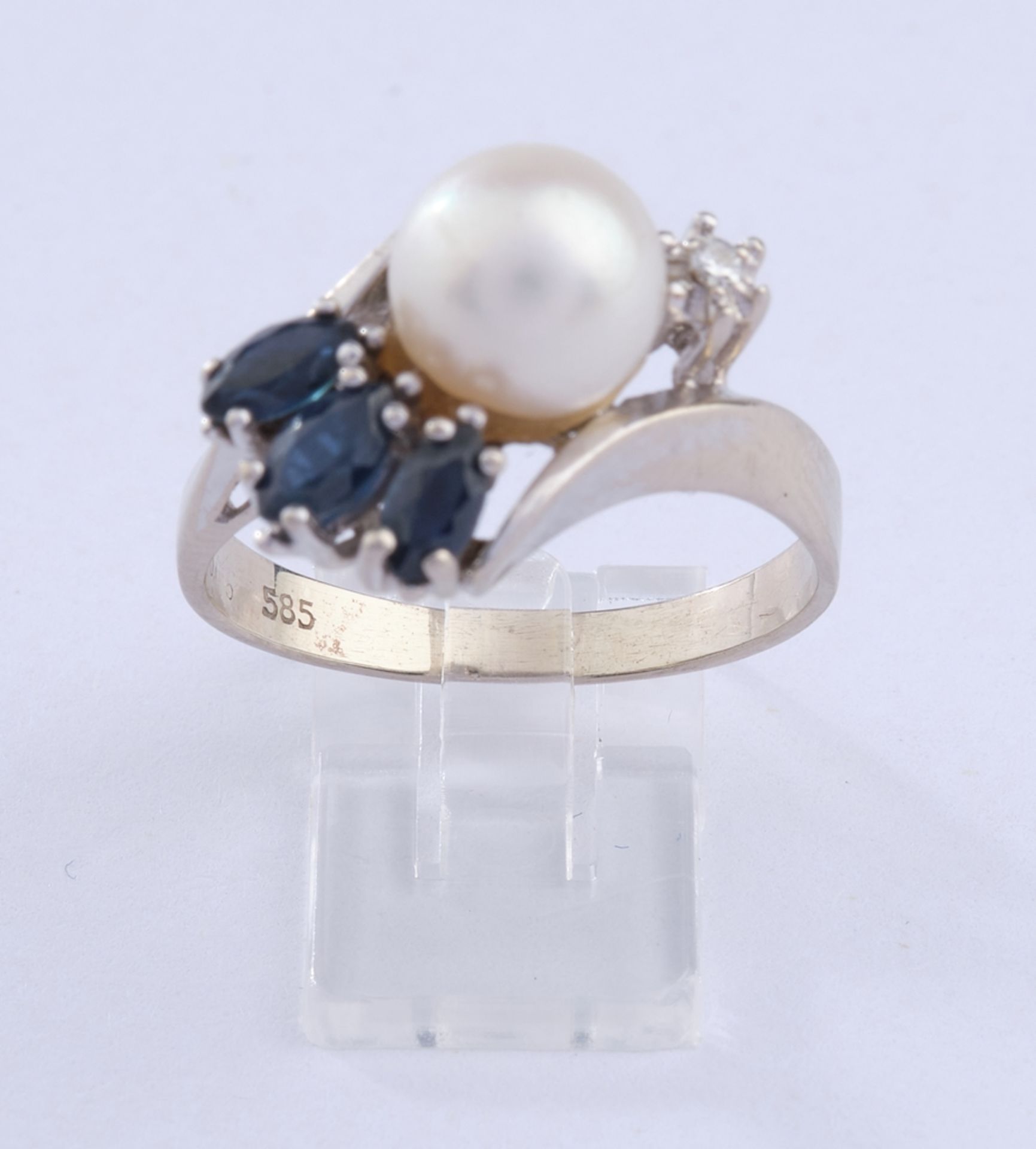 Ring, WG 585, 3 Navette-Saphire, Perle, Brillant, 4.38 g, RM 18 - Image 2 of 3