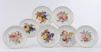 Wandteller, 6 Teller, Meissen, Schwertermarke, 19./20. Jh., 1. Wahl, bunte Fruchtmalerei, Goldrand,