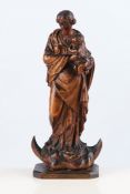 Skulptur, Lindenholz geschnitzt, dunkel gebeizt, "Mondsichelmadonna mit Christuskind und Drachen", 