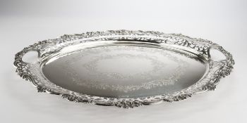 Tablett, Silber 925, Sheffield, 1910, R. F. Mosley & Co, oval, rocaillierte Rankenzier, Fahne mit z