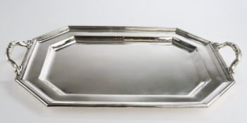 Tablett, Silber 800, Belgien, Delheid, geschrägte Ecken, mit zwei Handhaben, glatter Spiegel, 60 x 
