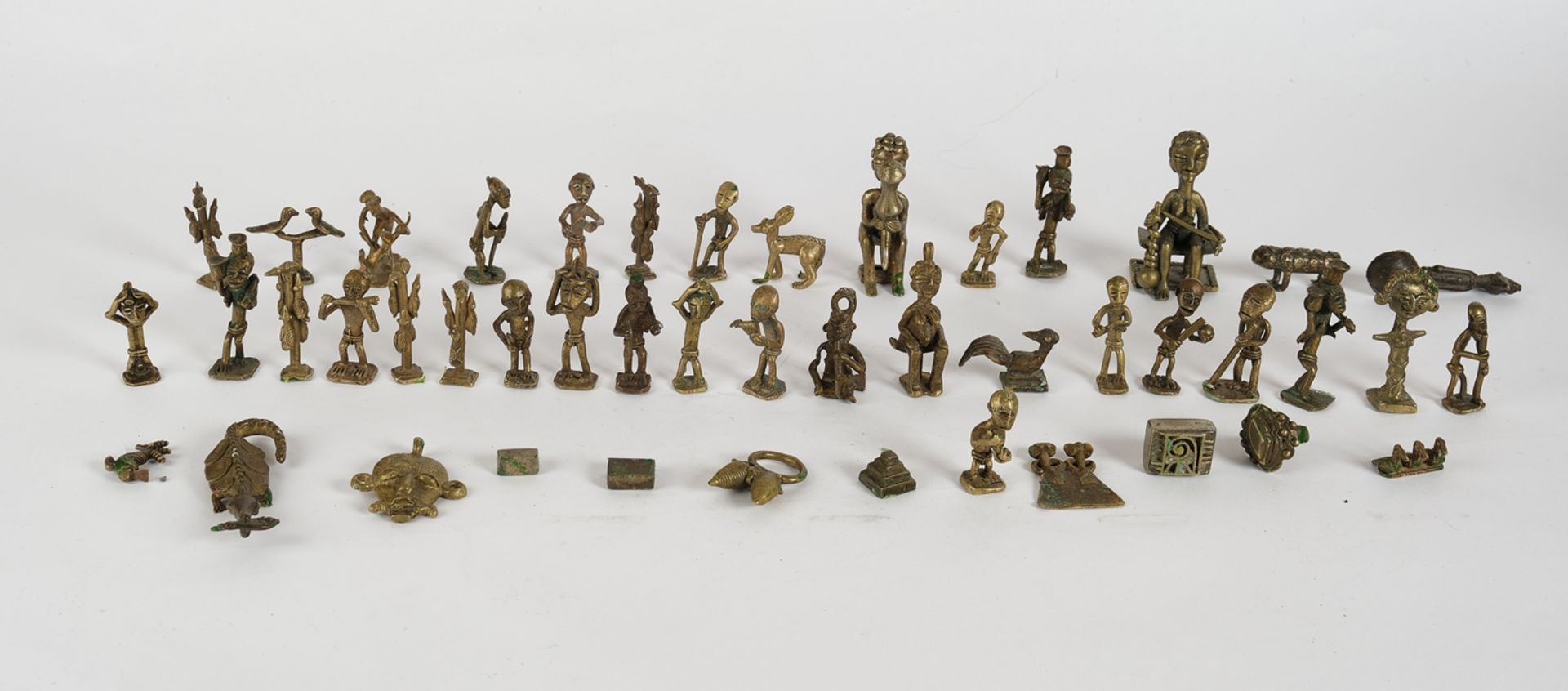 46 Gewichte, Messing, verschiedene Ausführungen, wohl Ashanti, Ghana, Afrika, ca. 1-9 cm hoch