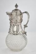 Krug, Silber 800, Clemens Dahmen, gebauchtes, farbloses Glasgefäß im Steineldekor, reliefierte Silb