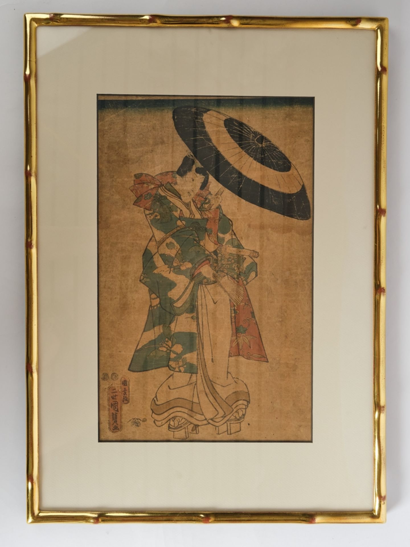 2 Farbholzschnitte, "Samurai", "Kurtisane", Japan, Spätdrucke, ca. 34 x 21 cm (P.a.), je unter Glas - Bild 5 aus 6