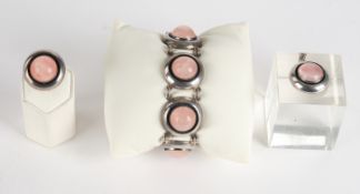 Konvolut Silberschmuck, Silber 925, Armband, Ring und Anhänger mit Rosequarz-Cabochons, "NE FROM", 