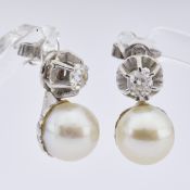 Paar Ohrstecker, WG 750, mit je einer 8 mm Perle und einem Altschliffdiamanten ca. 0.15 ct., 4.4 g