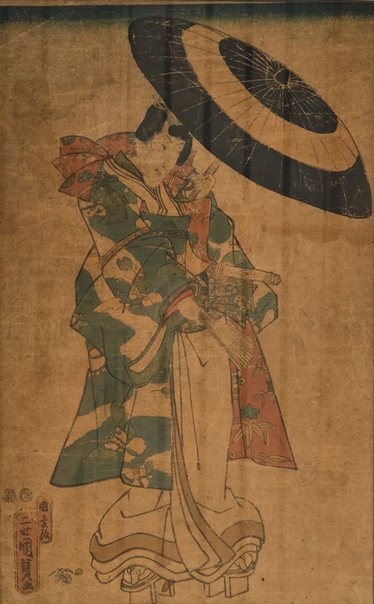 2 Farbholzschnitte, "Samurai", "Kurtisane", Japan, Spätdrucke, ca. 34 x 21 cm (P.a.), je unter Glas - Bild 4 aus 6