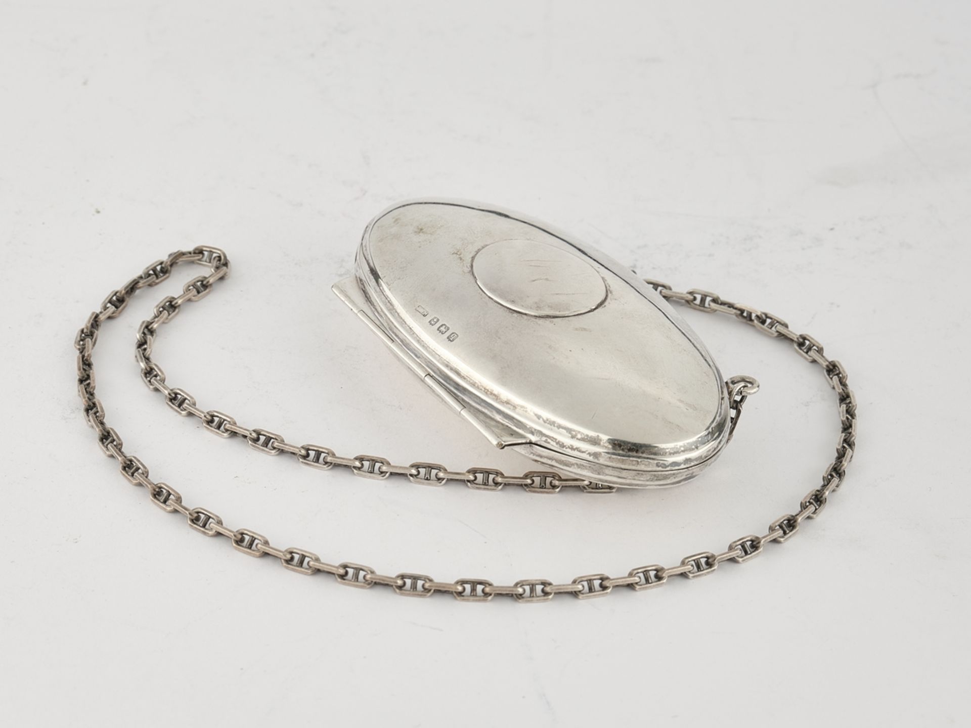 Geldtasche, Silber 925, Birmingham, 1915, oval, Druckschließe, innen braunes Leder, an Silberkette 