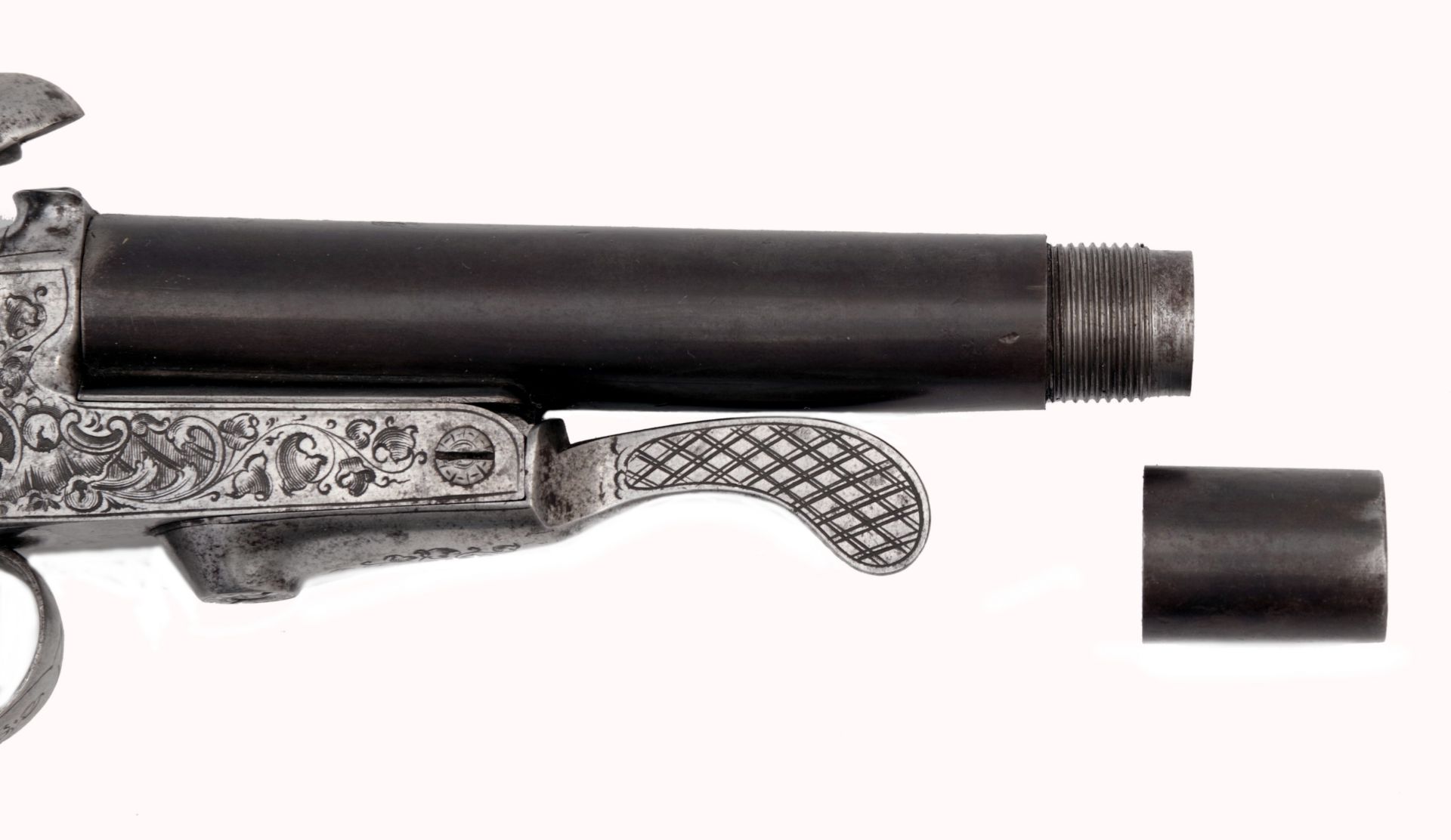 Stiftfeuer-Pistole mit Anschlagschaft und austauschbaren Läufen im Kasten - Bild 6 aus 11