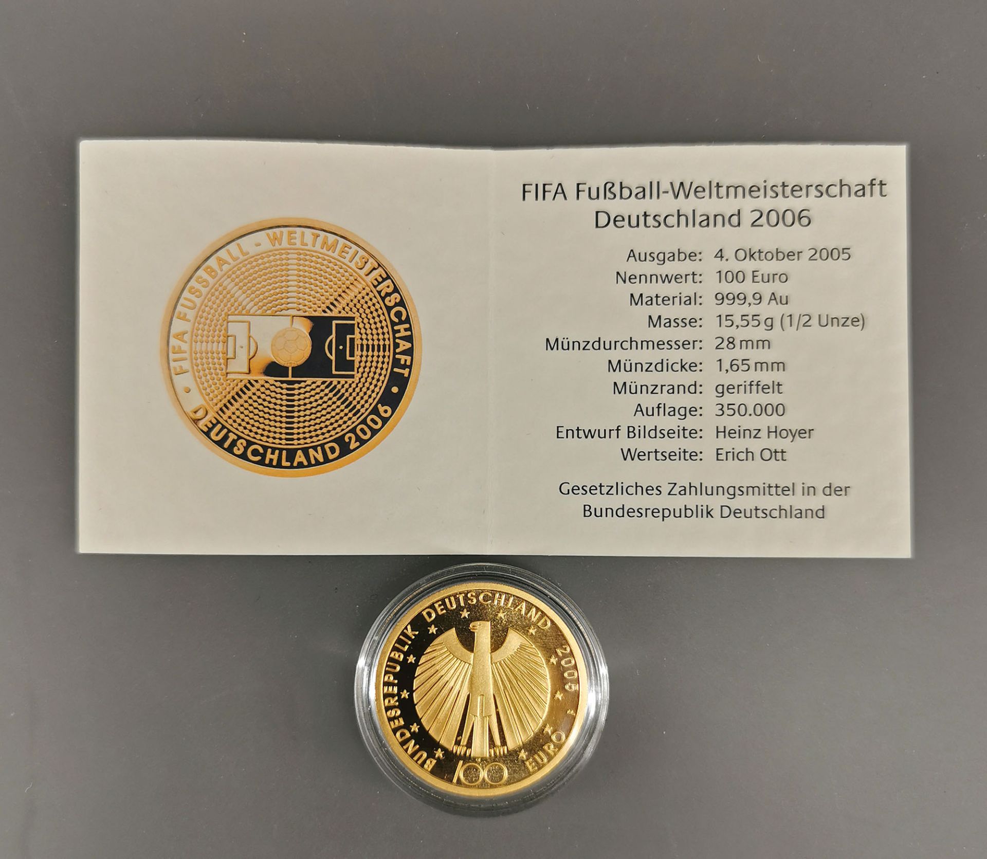 Goldmünze 100 Euro Deutschland 2006 FIFA WM - Bild 3 aus 3