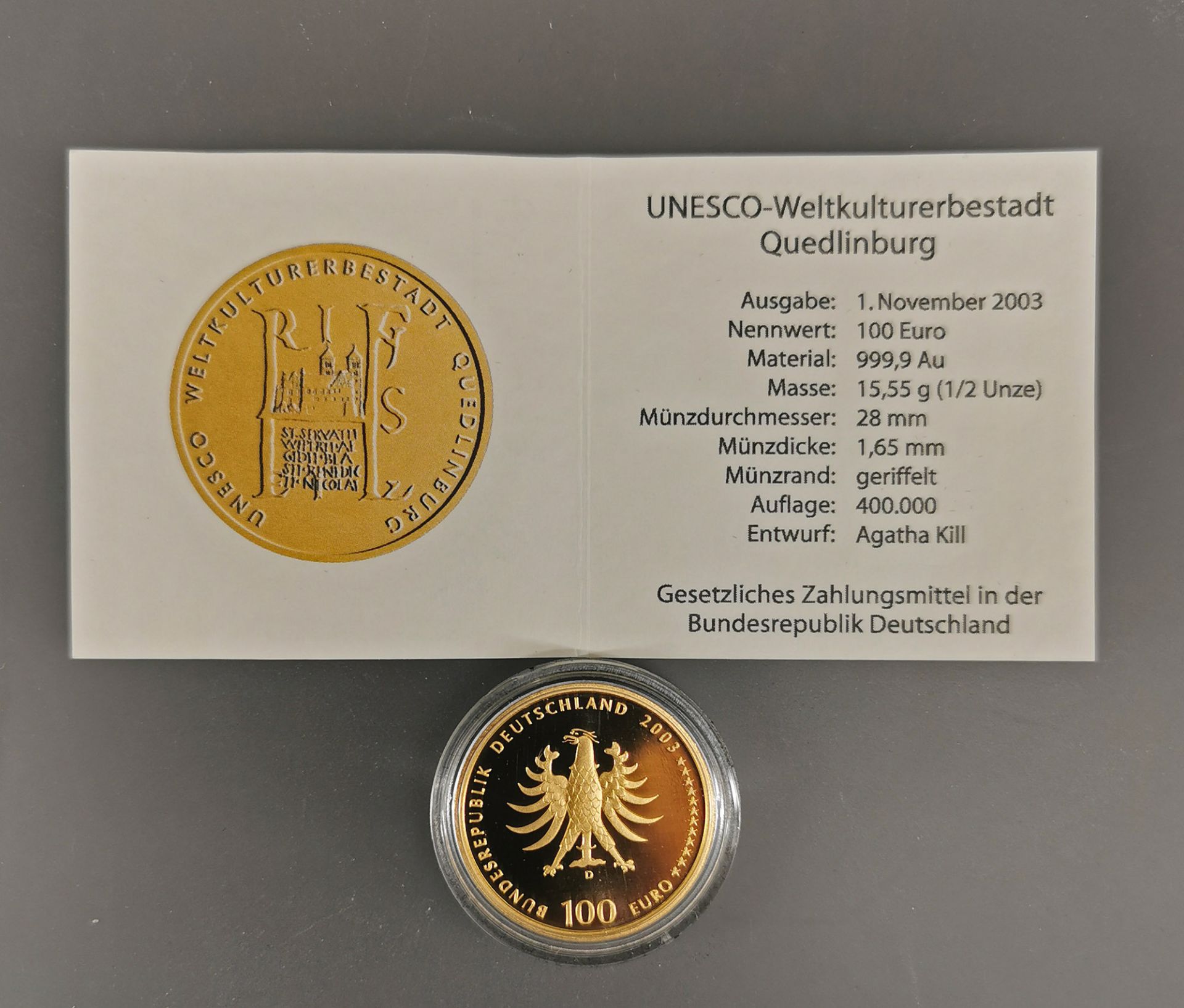 Goldmünze 100 Euro Deutschland 2003 - Bild 3 aus 3