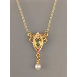 Peridot-Rubin-Perlen-Collier Jugendstil