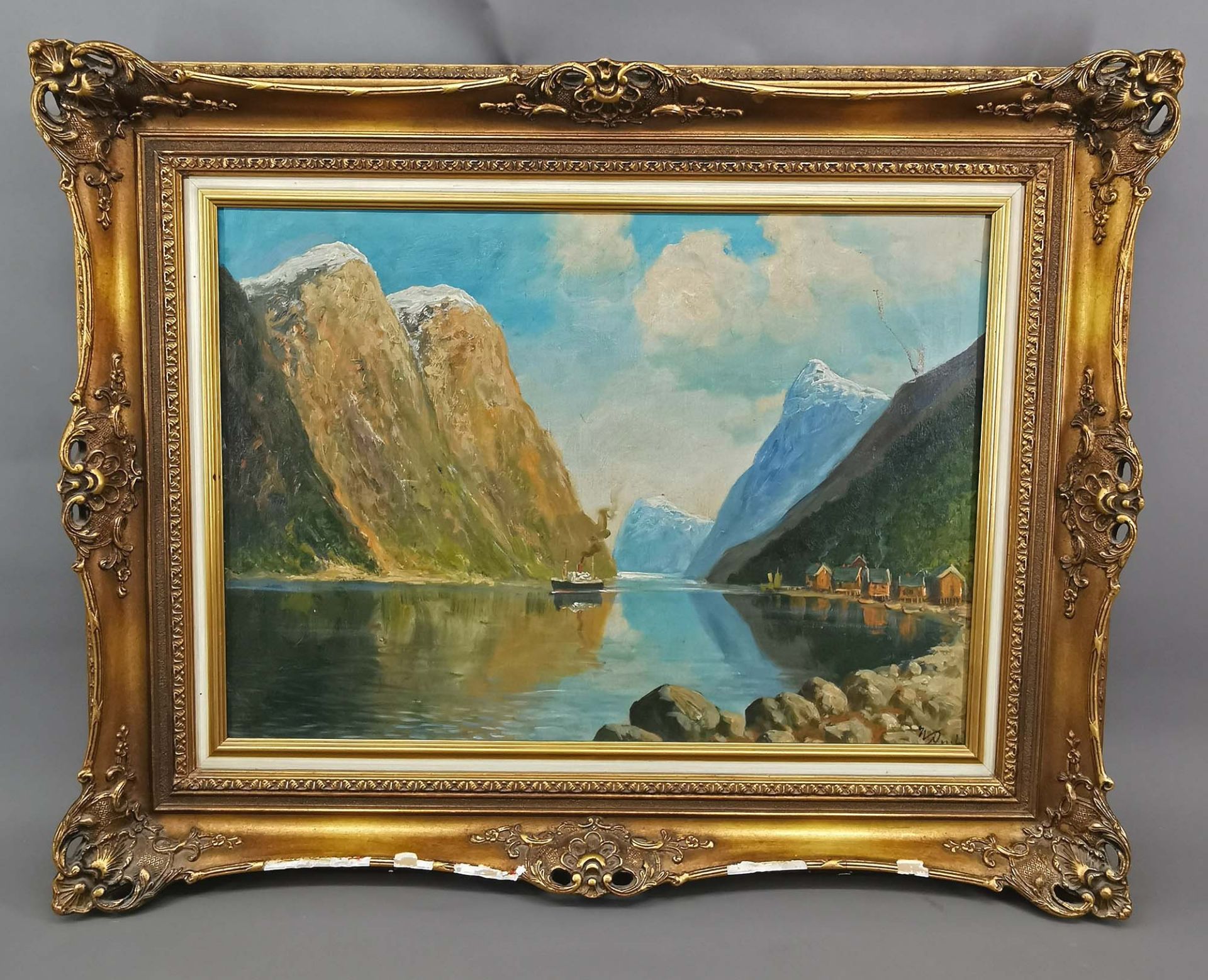 Unbekannt, Fjordlandschaft mit Dampfer