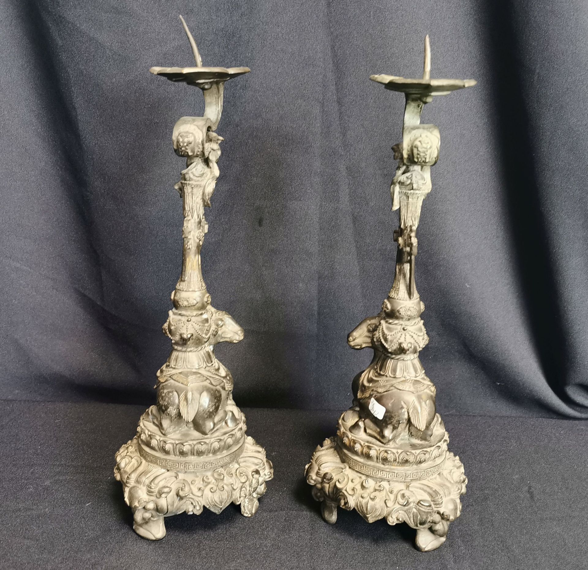 PAIR OF CANDLE STANDS WITH RAMS - Image 4 of 7