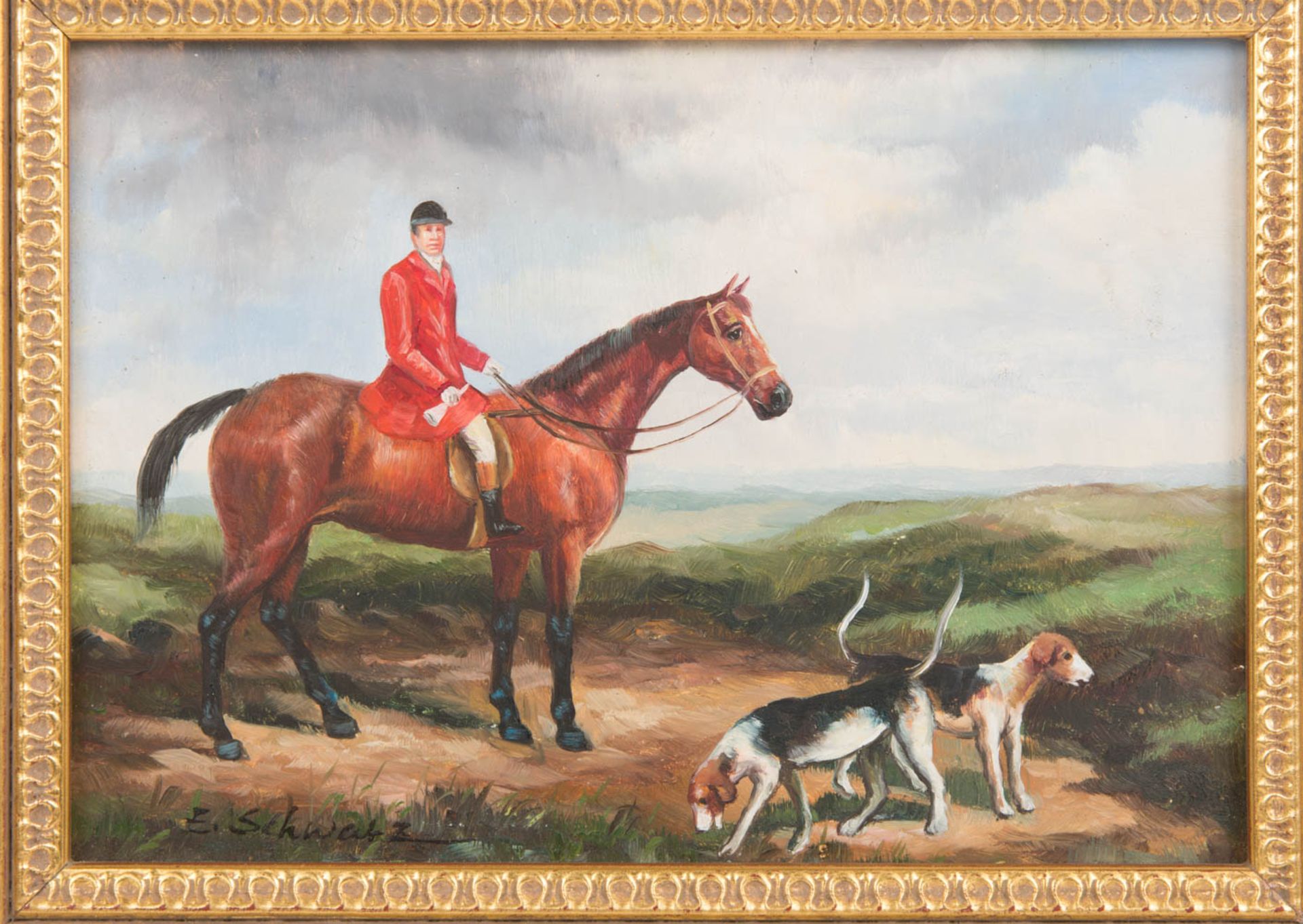 E. Schwarz, Reiter mit Hunden, Öl auf Platte, 20. Jhd. - Bild 2 aus 8
