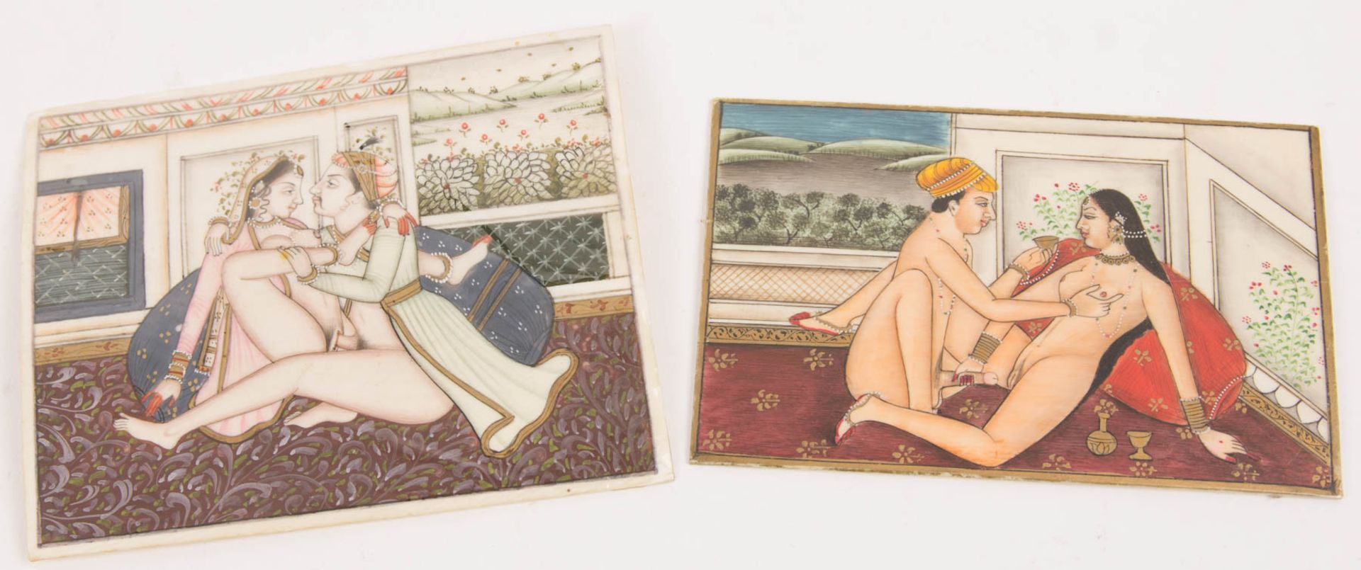 Zwei erotische Miniaturen, Tempera auf Elfenbein, Indien, 19. / 20. Jh.
