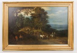 Margarete Fränkel, Belebter Fahrweg auf waldiger Höhe, Kopie nach Jan Brueghel I, Öl auf Leinwand, 1