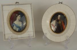 Zwei ovale Portraits von Franz Joseph I. und Elisabeth von Österreich, Lupenmalerei auf Elfenbein, 2