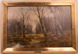 Karl Kaufmann/B. Lambert, Wald mit Flusslauf, Öl auf Holz, 19. Jhd.