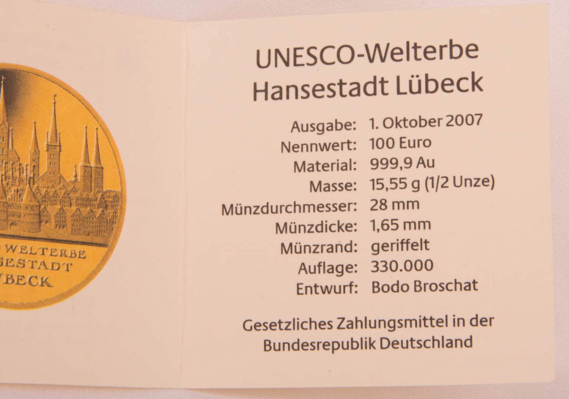 Gold Coin 100 Euro 2007 D, Lübeck. - Image 6 of 6