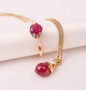 Kette und Ring mit pinken Rubin, 750er Gelbgold.