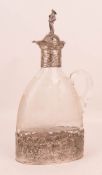 Finely decorated glass carafe with silver trim, 800 silver, Germany.