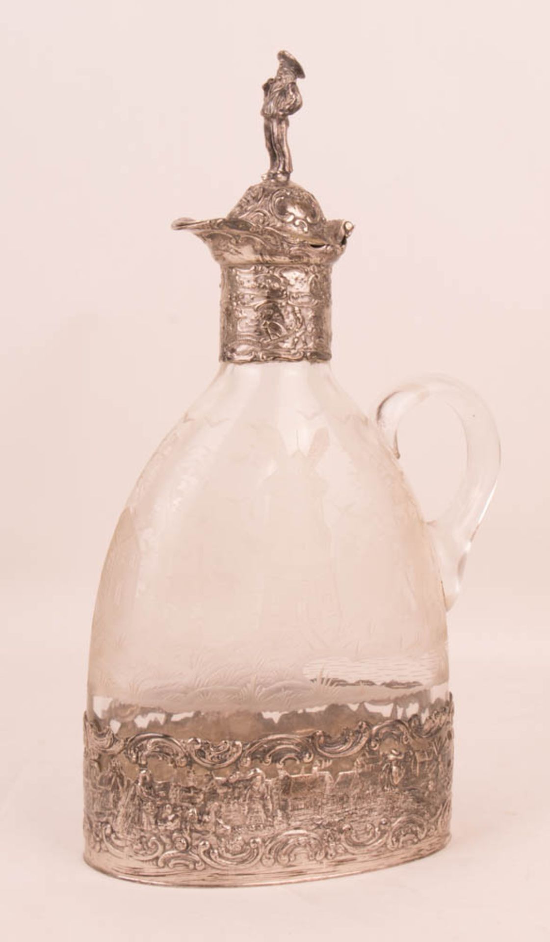 Finely decorated glass carafe with silver trim, 800 silver, Germany.