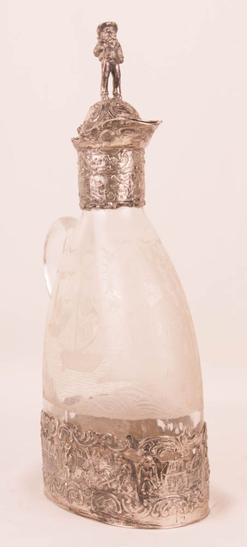 Finely decorated glass carafe with silver trim, 800 silver, Germany. - Image 4 of 8