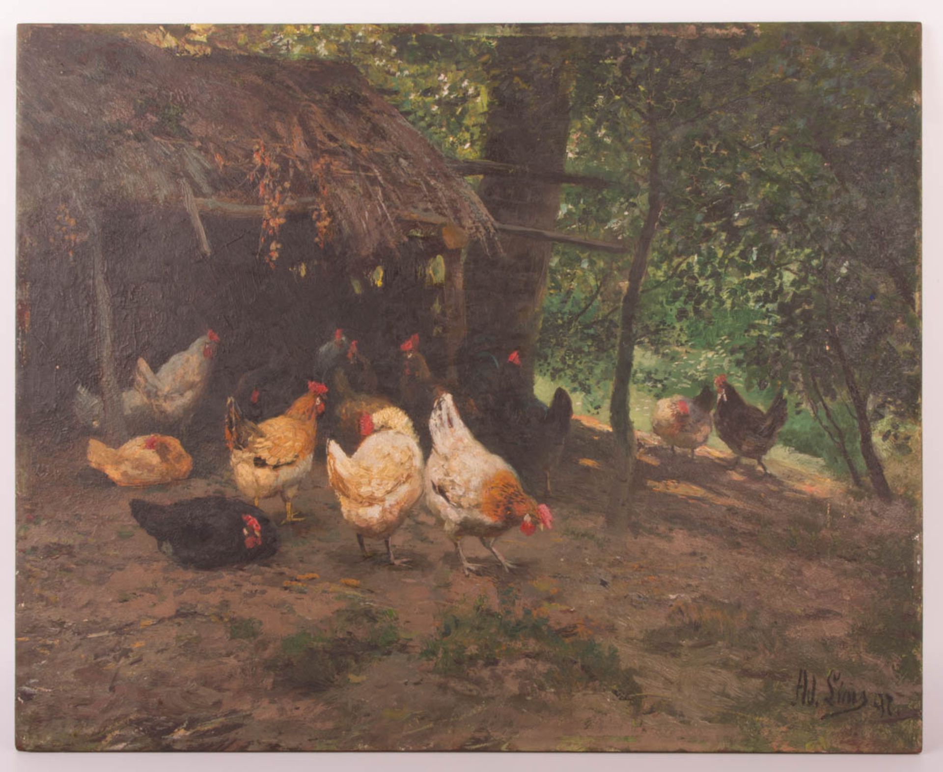 Adolf Lins, Hühner, Öl auf Holz, 1897.