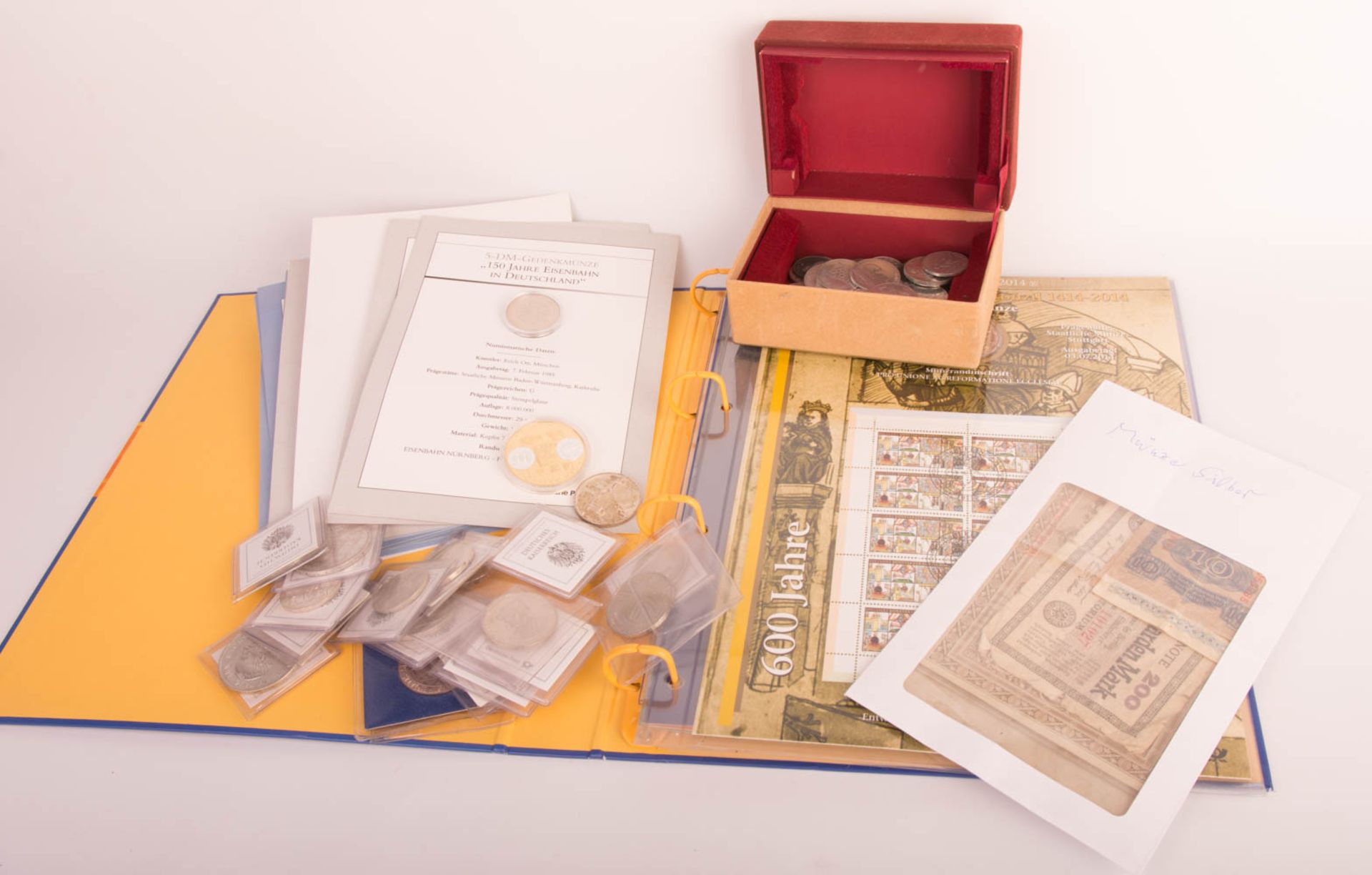 Coin and banknote collection.