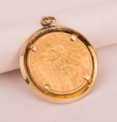 Gold coin 20 Mark 1910 A,,Wilhelm II, in pendant setting.