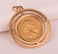 Gold coin 20 Mark 1872 A, Emperor Wilhem I in pendant setting.