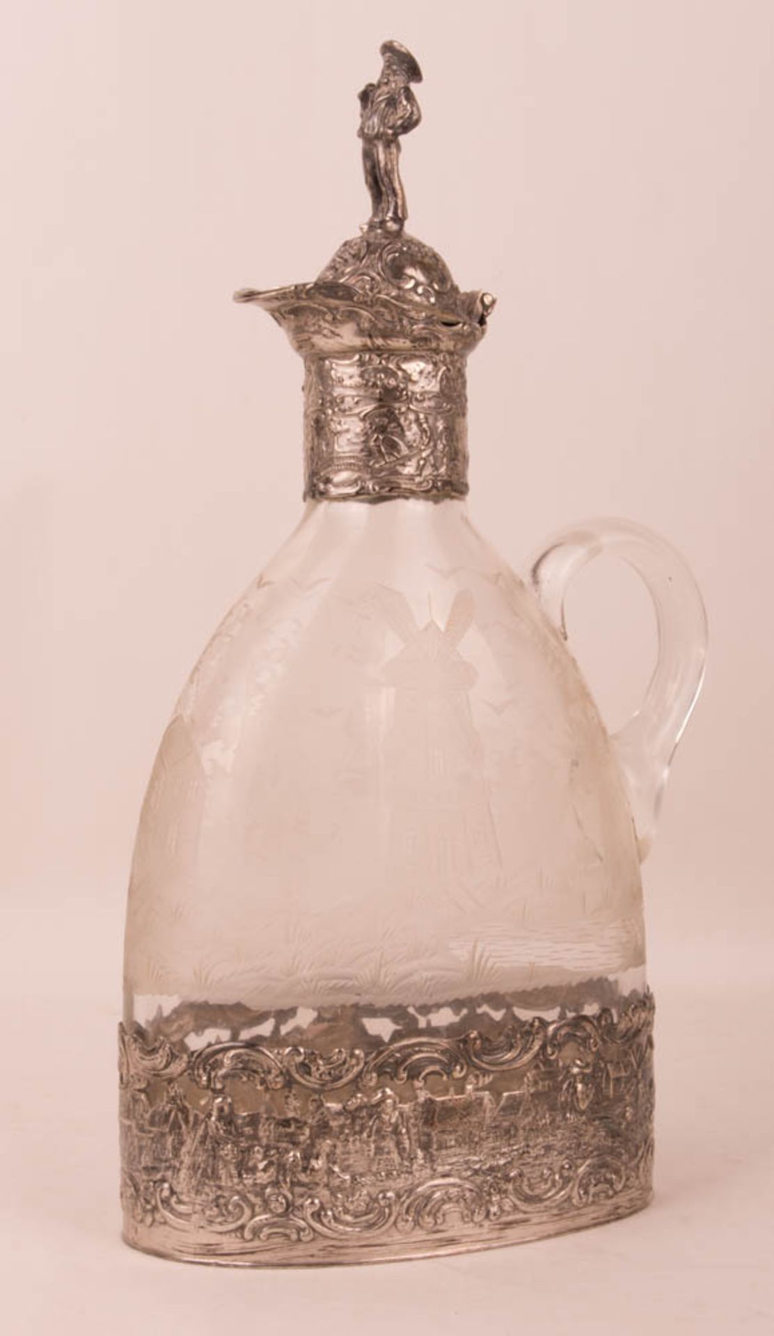 Finely decorated glass carafe with silver trim, 800 silver, Germany. - Image 2 of 8