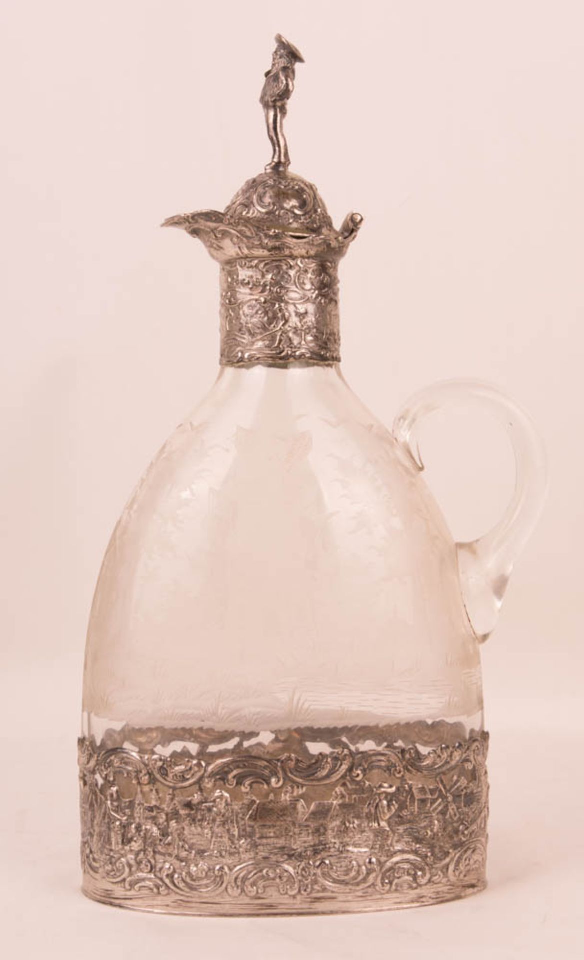 Finely decorated glass carafe with silver trim, 800 silver, Germany. - Image 3 of 8