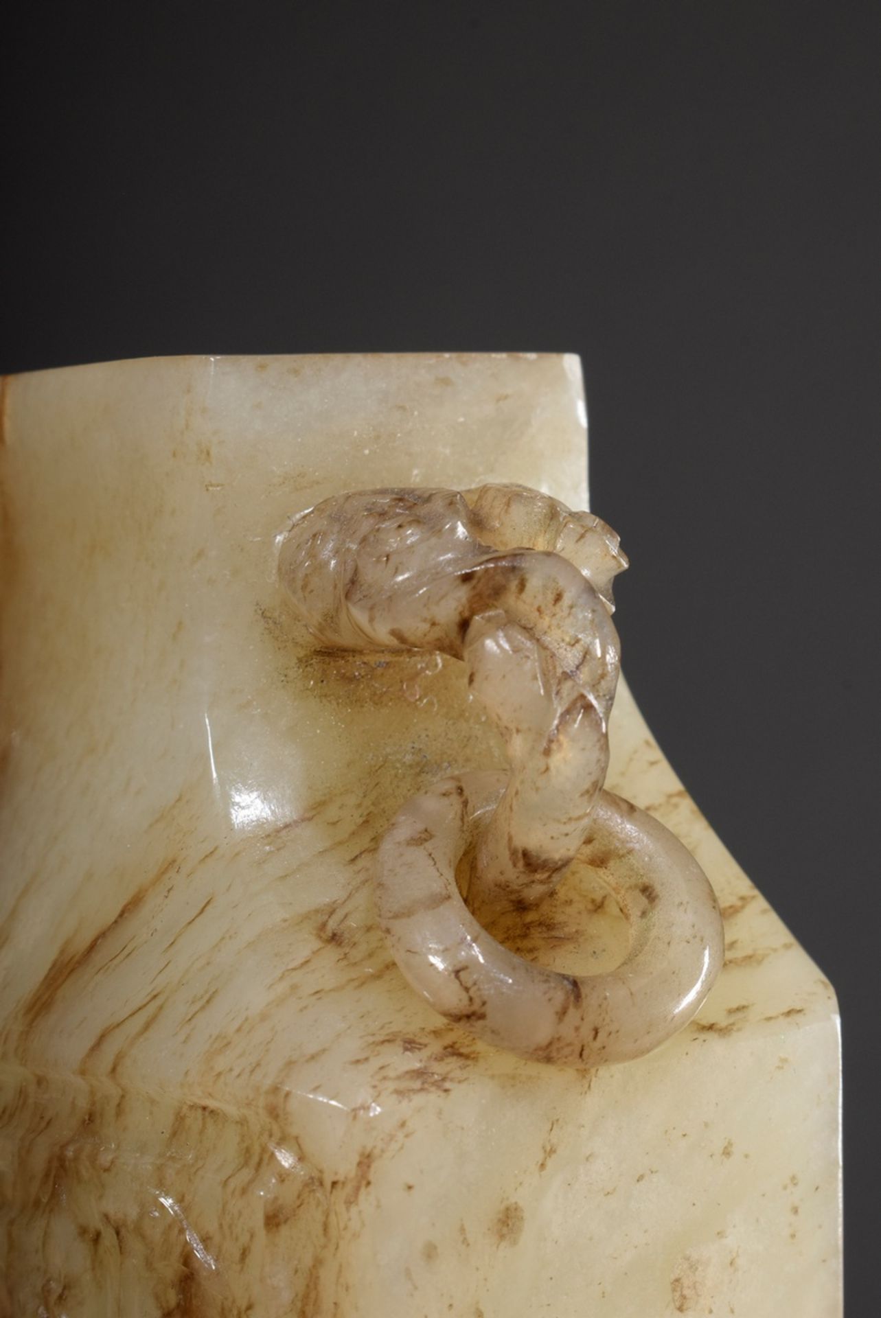 Small jade vase with archaic relief carving "dragon" on an angular body and zoomorphic ring handles - Image 3 of 5