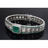 Prachtvolles Platin Art Deco Armband mit großem Smaragd (ca. 2.6ct) in Diamant Achtkantlunette und