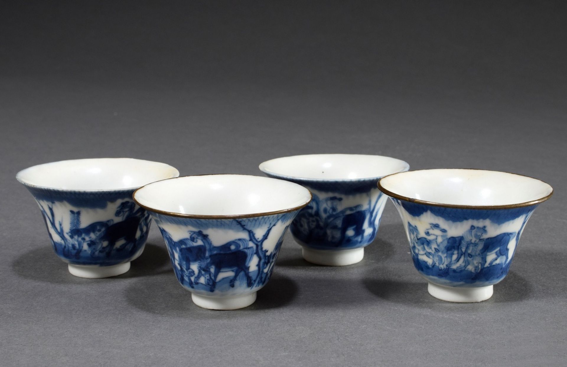 4 Bleu-de-Hue rice wine cups with blue painting decor "Eight Horses", 2x with metal rim, Ruoshen Zh