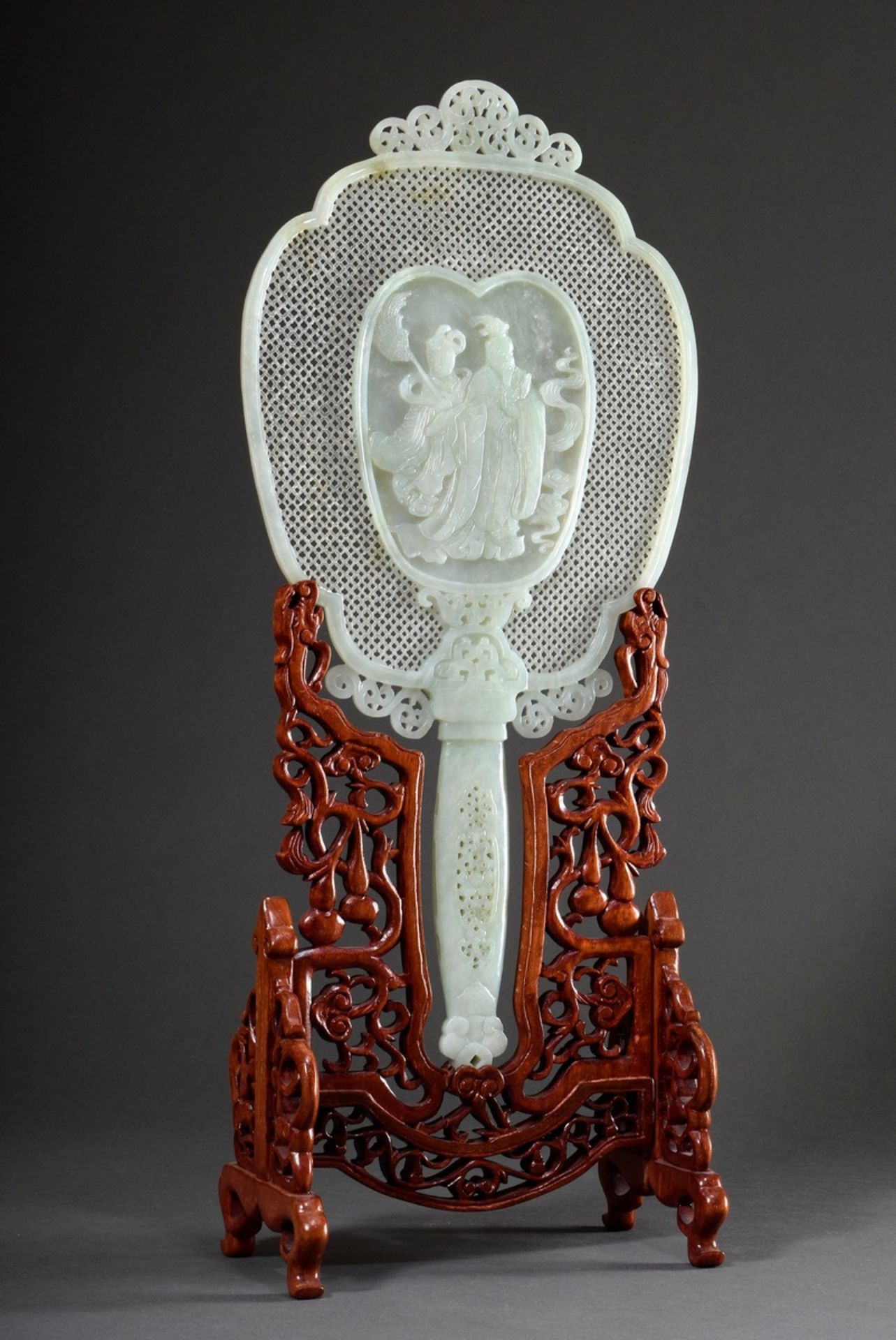 Large Chinese jade carving folding screen in hand mirror or fan form with relief "Two Persons" and 