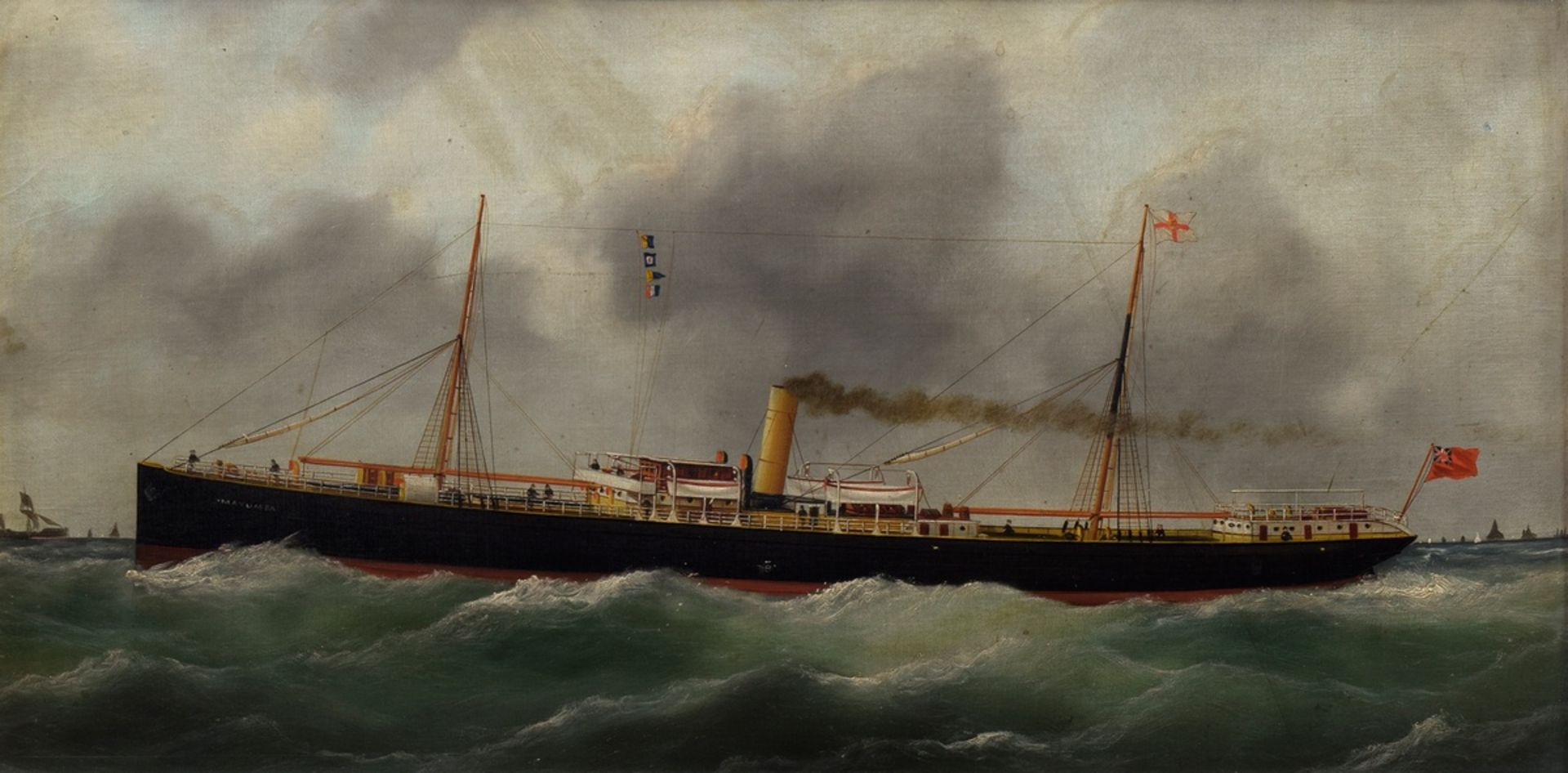Britisches Kapitänsbild "Segeldampfer Mayumba" um 1900, Öl/Leinwand auf Platte montiert, leicht sch
