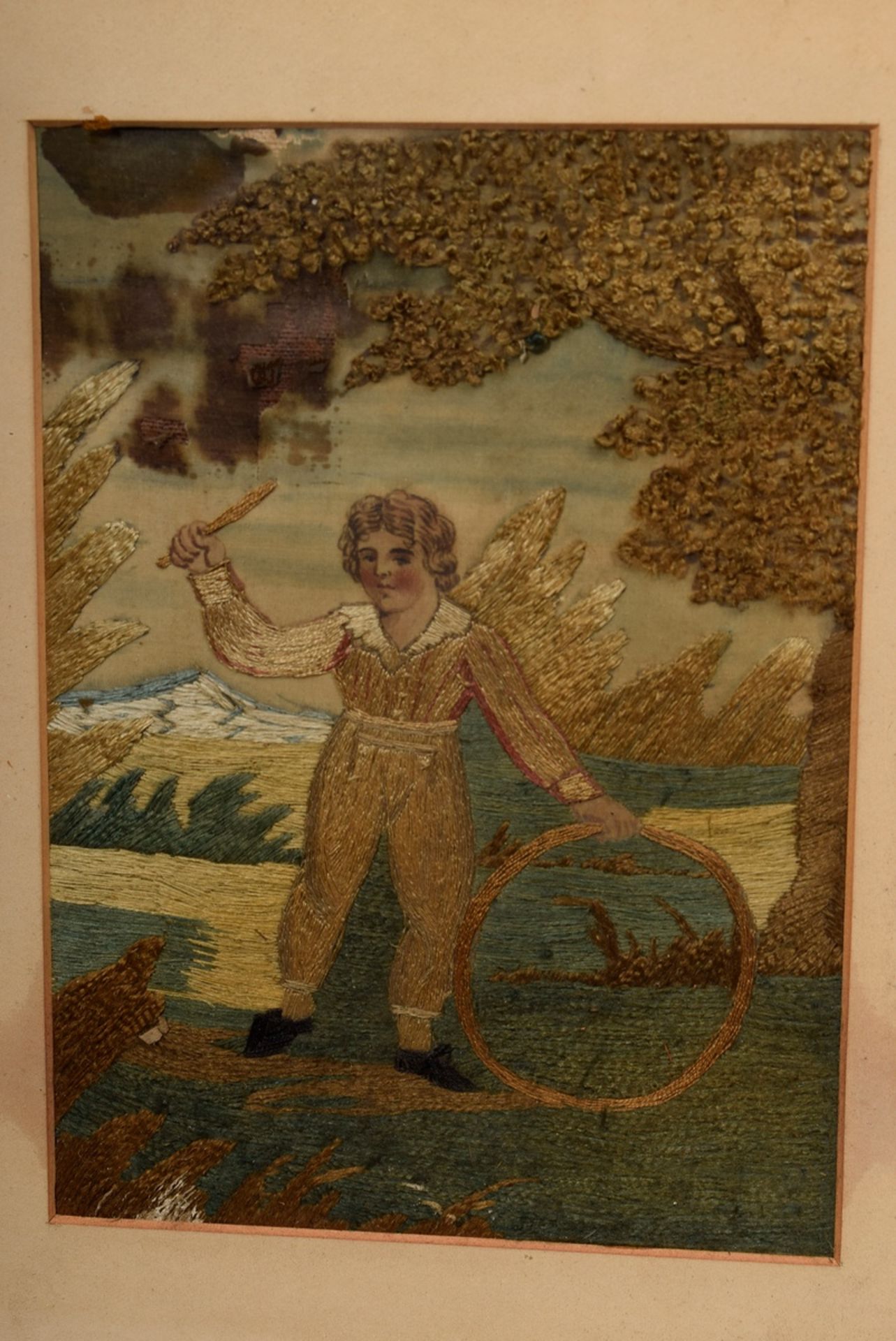 2 Various early Biedermeier embroidery pictures "Little boy with hoop" and "Biblical scene" (Noah), - Image 7 of 8