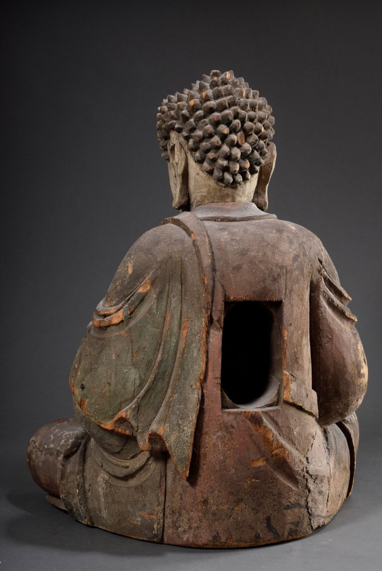 Large Amithaba Medicine Buddha, paulownia wood with remains of old paint, Ming dynasty, old seal re - Image 4 of 14