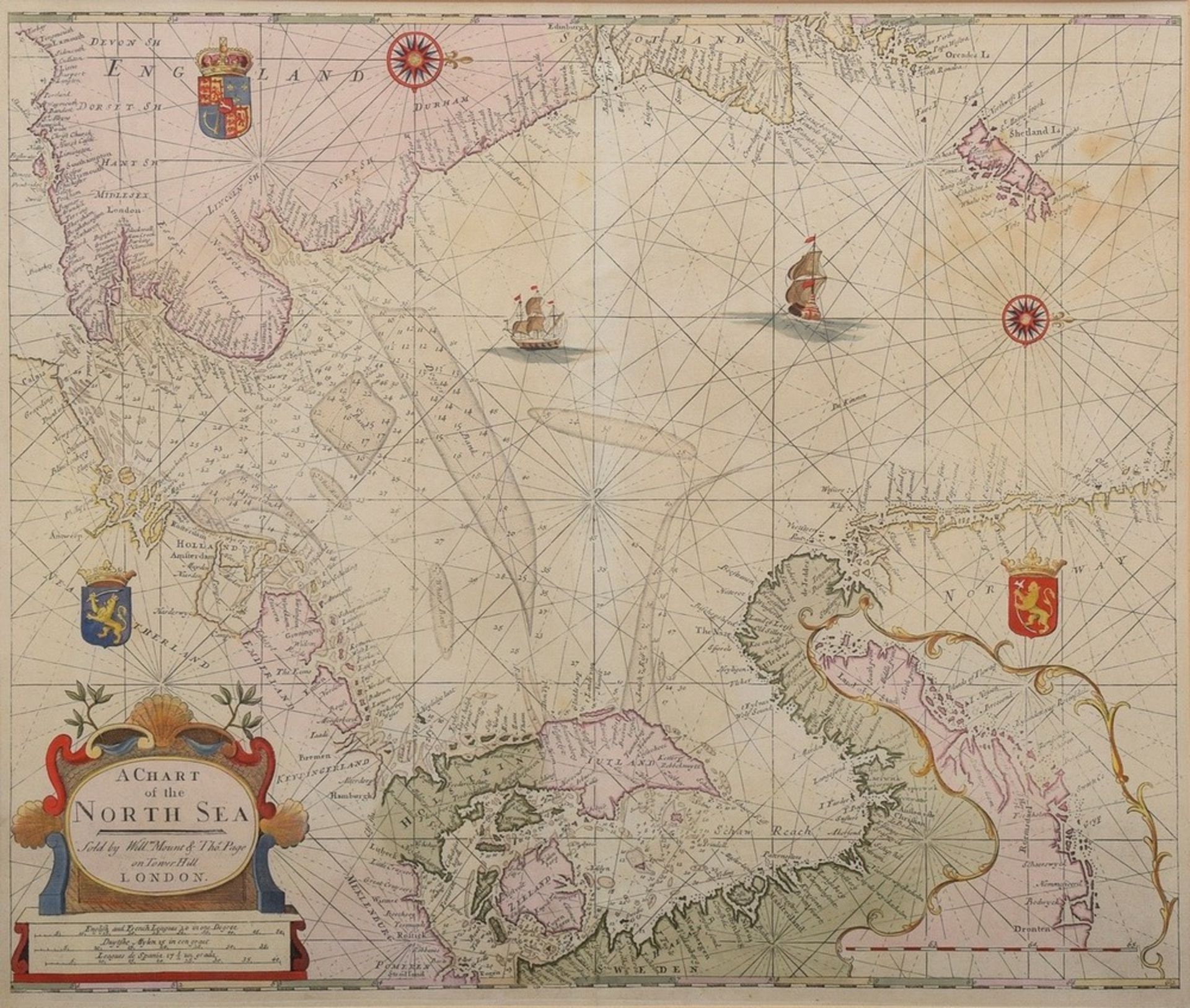 Unbekannter Künstler des 18.Jh. "A Chart of the North Sea", colorierter Kupferstich, Seekarte, publ