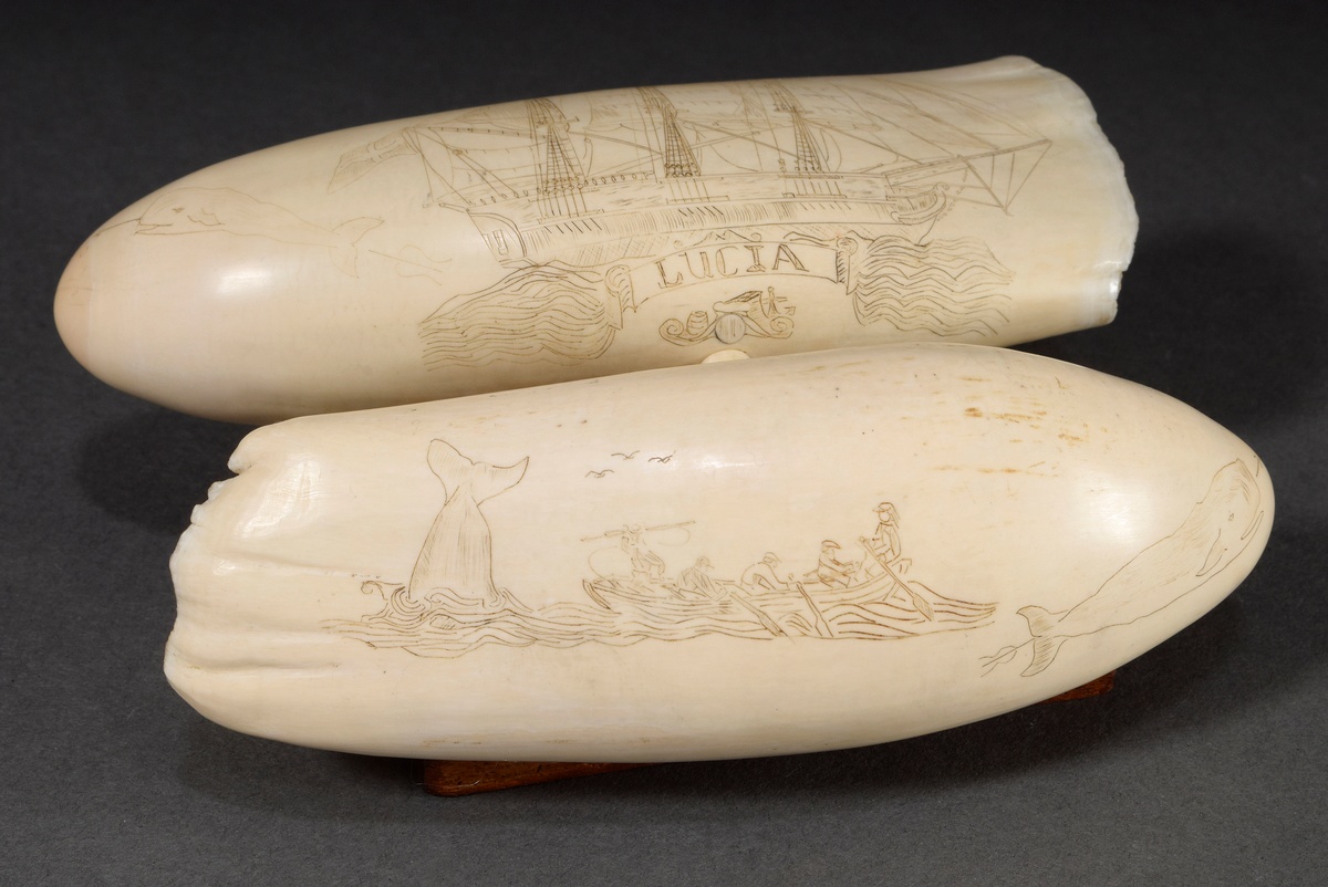 2 Scrimshaws "Lucia", connected and mounted on wooden base, whale tooth with colored incised decora