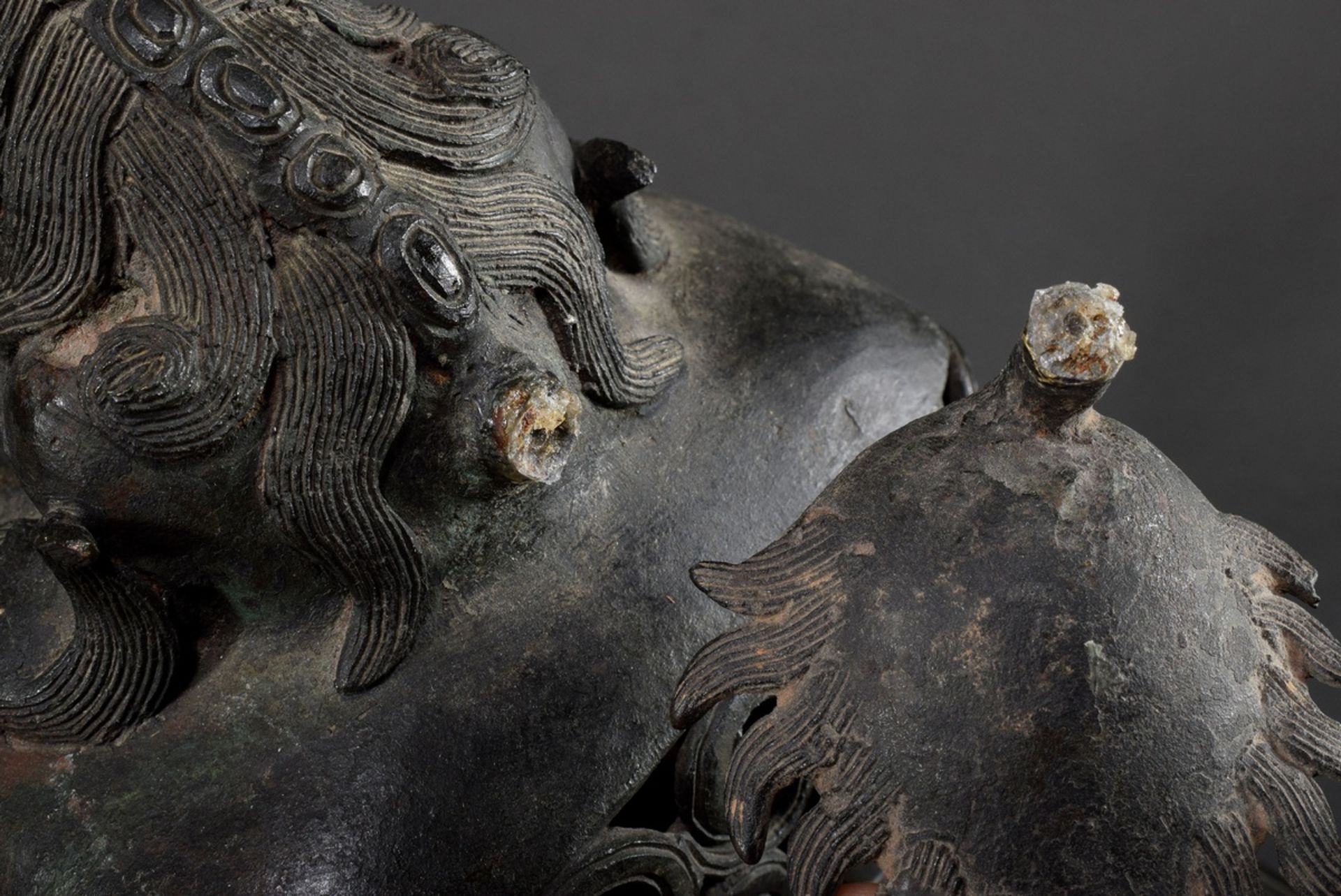 Large angular bronze lidded koro with archaic reliefs paw feet and fo-lion knob, China Qing period, - Image 9 of 13
