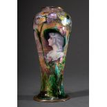 Wiener Emaille Vase "Damenportrait in Landschaft zwischen Mohnblüten", sign. Carlos, um 1890/1900,