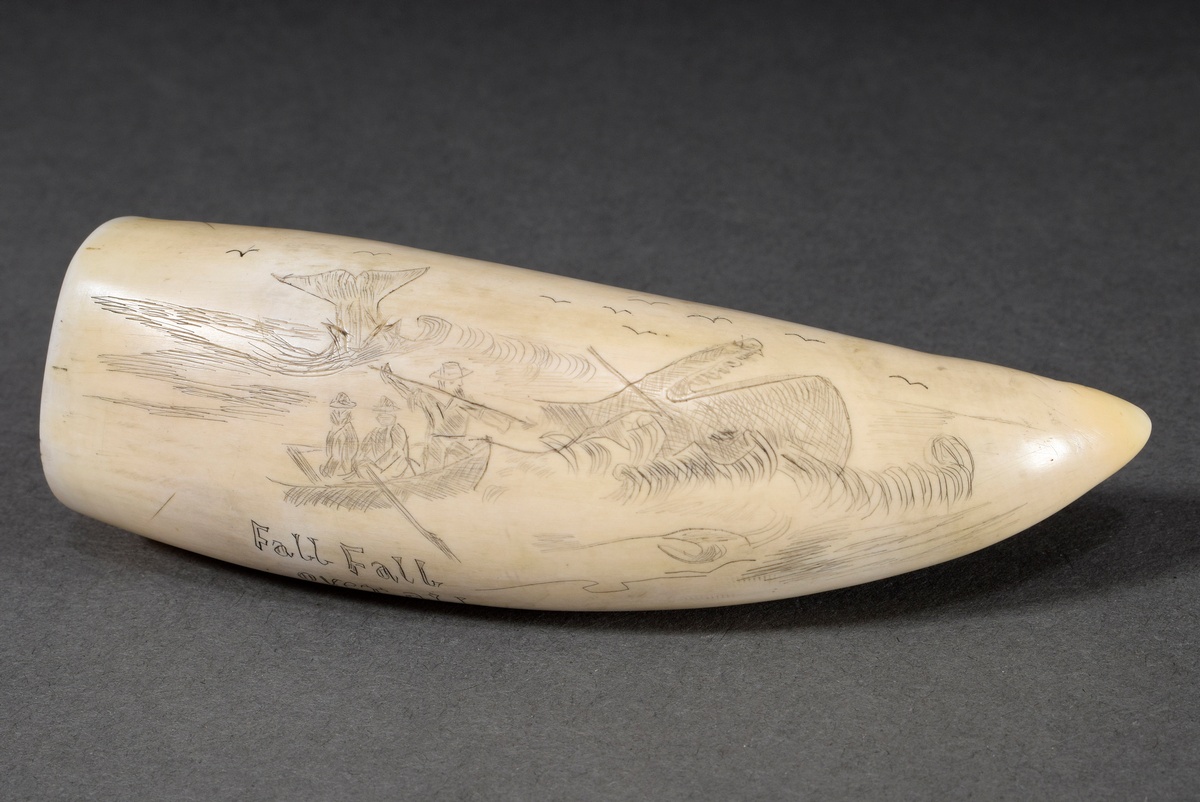 Scrimshaw "Fall Fall over all", whale tooth with blackened incised decoration "Sperm whale hunt", 1